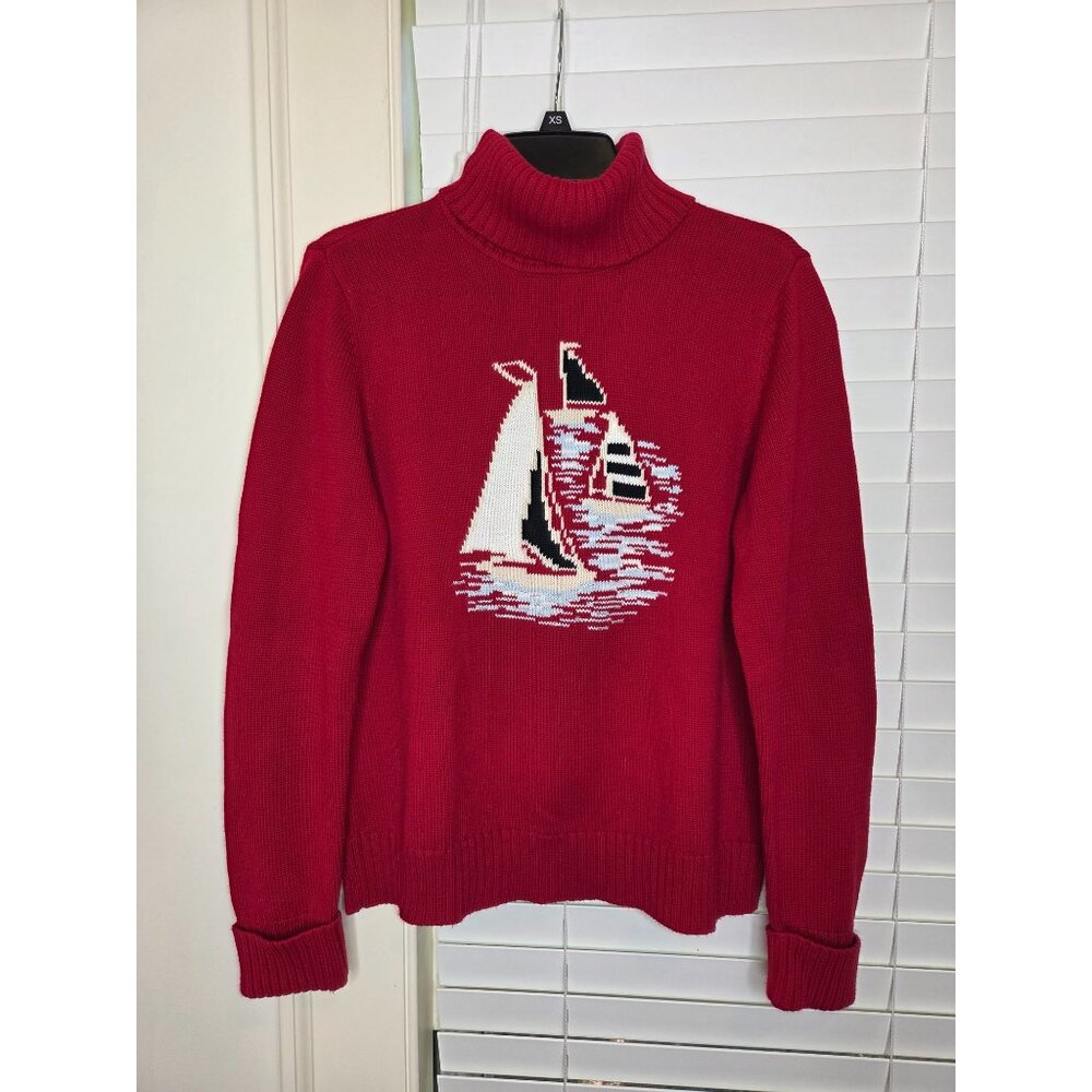 Rolled Turtleneck Sweater Sailboat Design M Pullover Coastal Preppy Classic